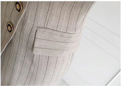 Women’s Khaki Striped Slim-Fit Suit – Tailored Blazer with Foldable Cuffs