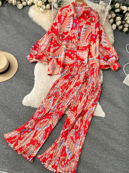 Vintage Prints Loose Shirt Cut and Elastic High Waist Pants Casual Set