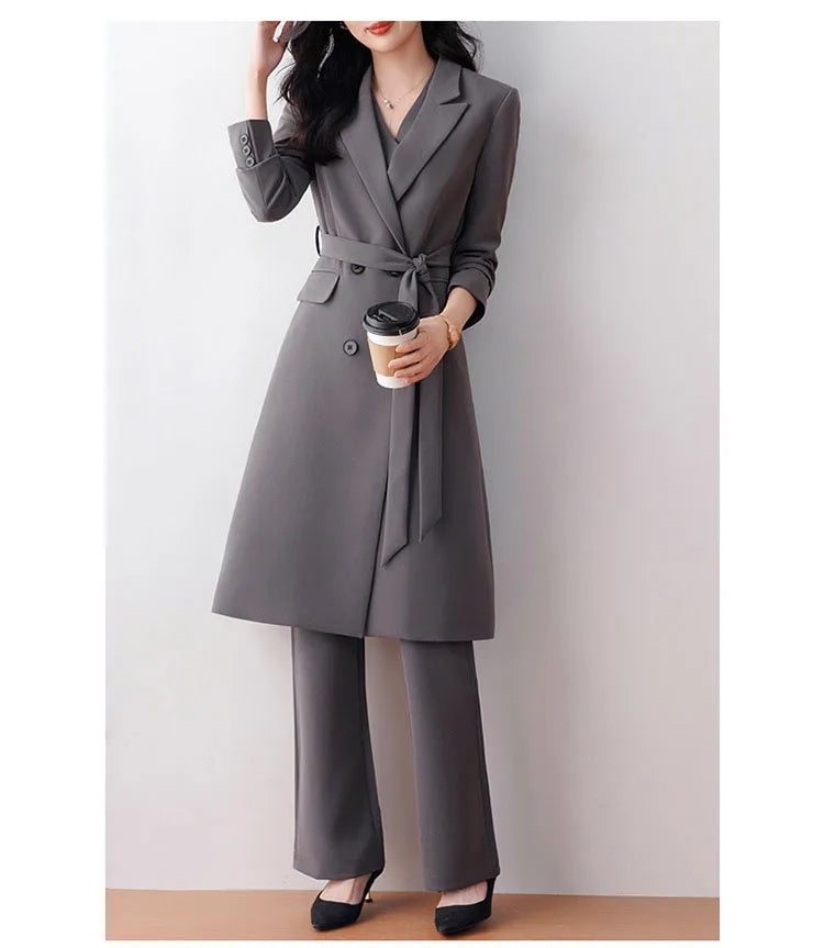 Women 2 Pcs Formal Suit Long Blazer and Straight Pants Suit