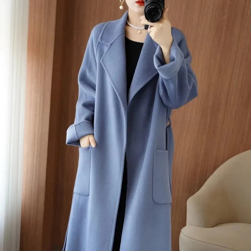 100% Cashmere-Wool Blend Belted Long Overcoat