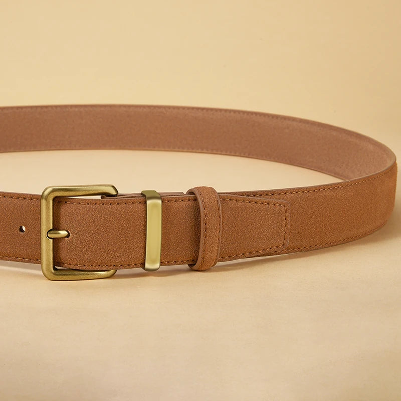 100% Suede Leather Belt for Women & Men with Gold Buckle