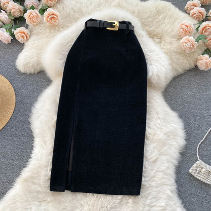 Side Split High Waist Corduroy Pencil Skirt