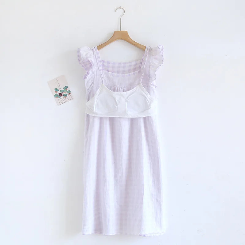 100% Pure Cotton Home Dress Plaid Nightgown with Built-in Bra