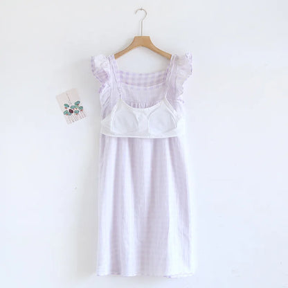 100% Pure Cotton Home Dress Plaid Nightgown with Built-in Bra