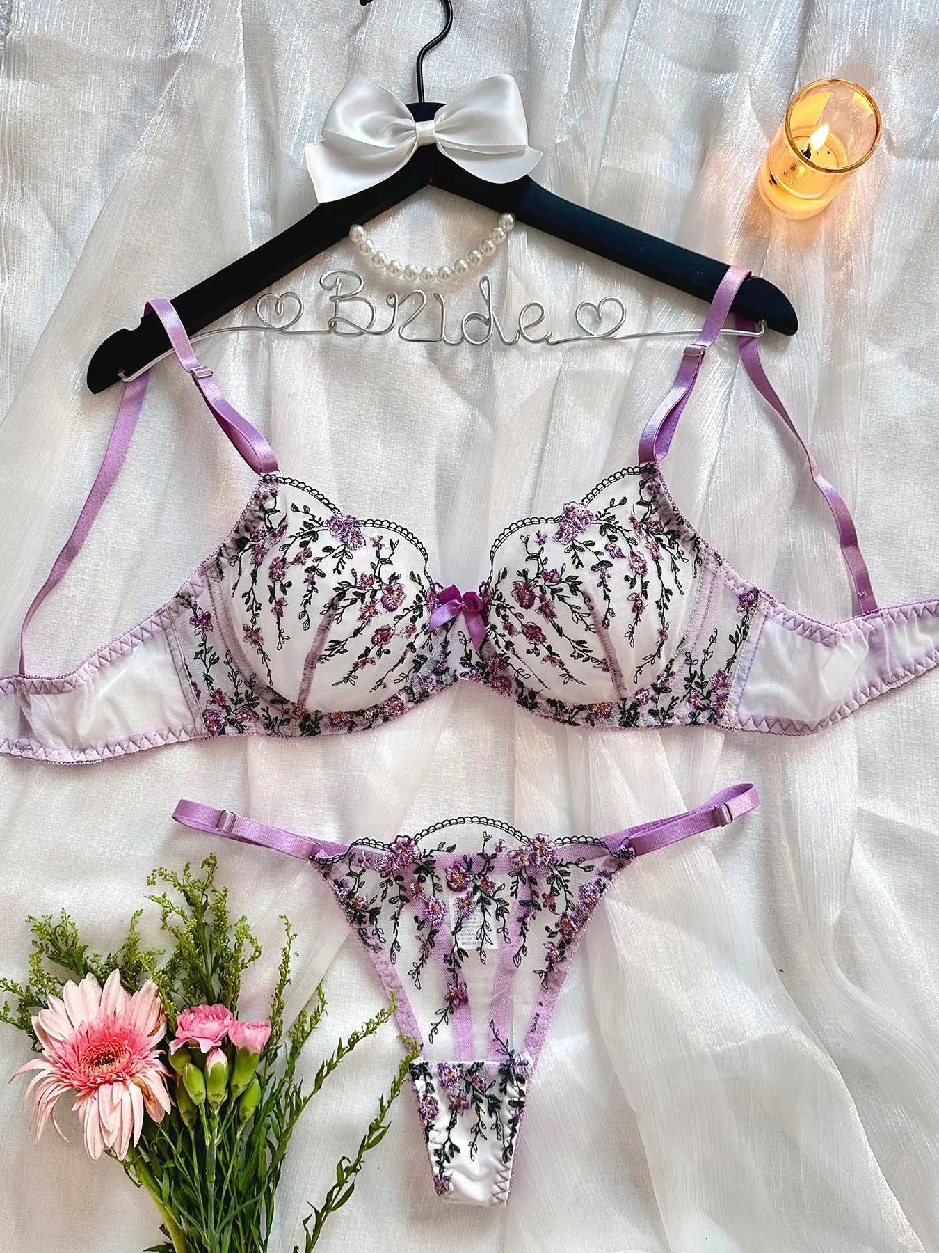 Lace Flowers Embroidery Lingerie Set - Lace Bra & Brief Underwear Set