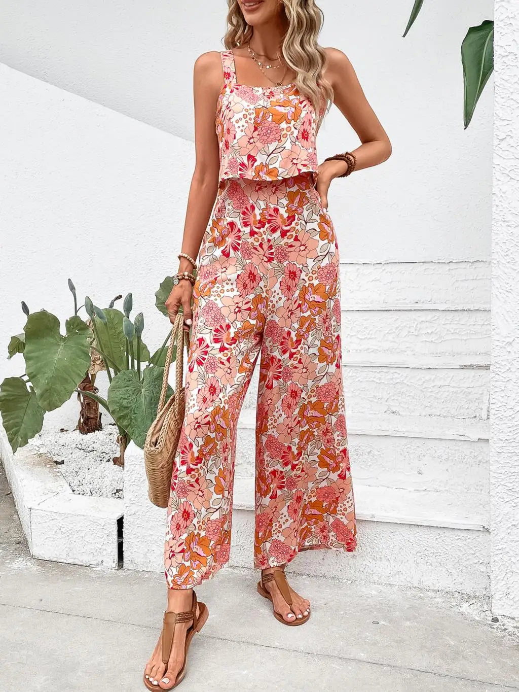 Floral Square Neckline Casual Wide Leg Jumpsuit