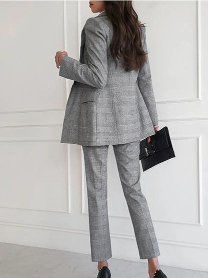 Women 3 Pieces Plaid Gray Formal Suit