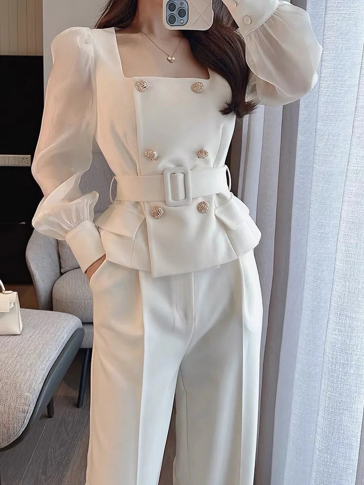 Square Neckline Top and Trousers Semi-Formal White Suit