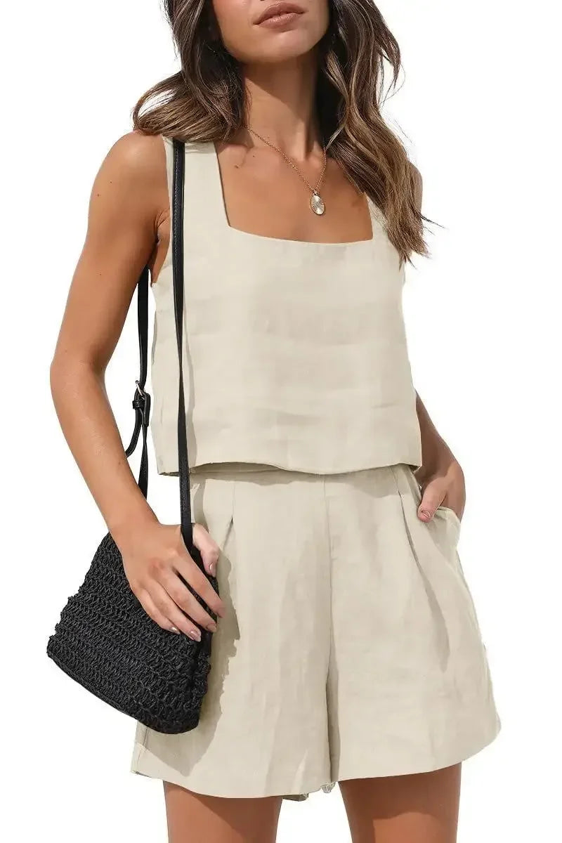 Linen Square Neckline Sleeveless Top and Shorts Set