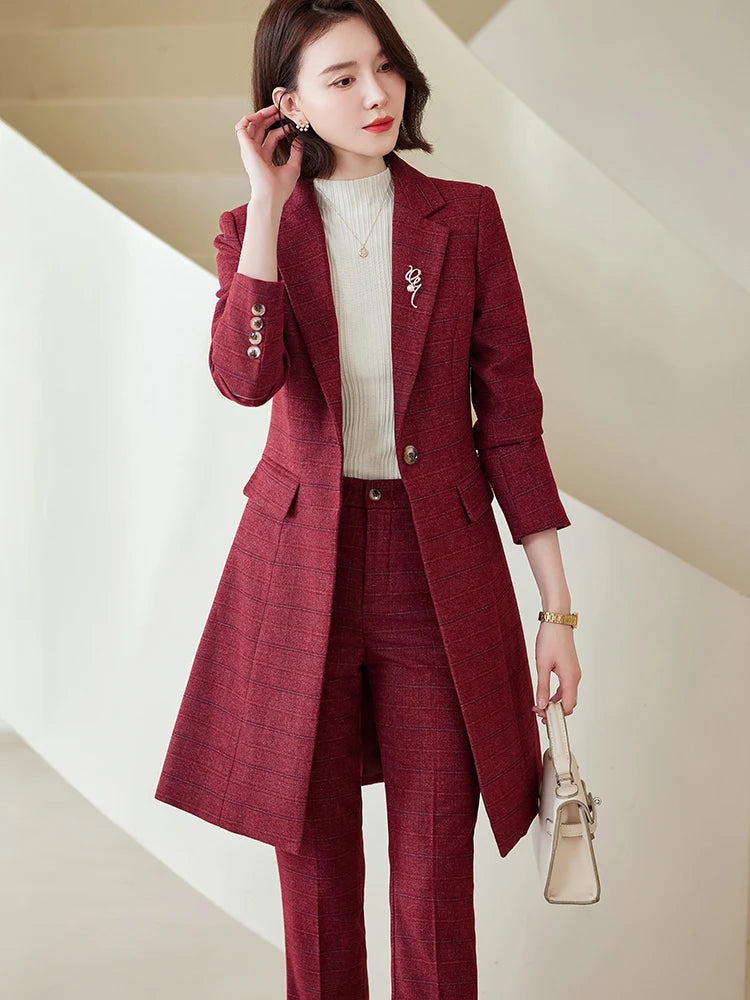 Plaid Long Blazer and Trousers Women's Formal Suit