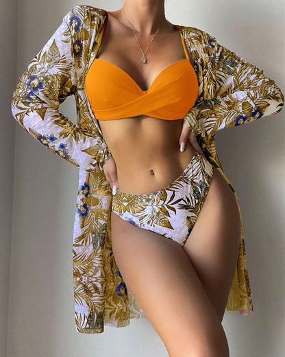 Floral 3 Pieces Low Waist Bikini Set with a Matching Cover-up Kimono