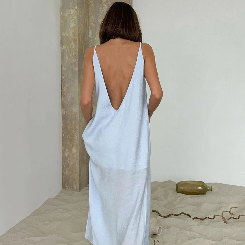 Lined Casual Long Back Deep V Dress