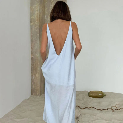 Lined Casual Long Back Deep V Dress