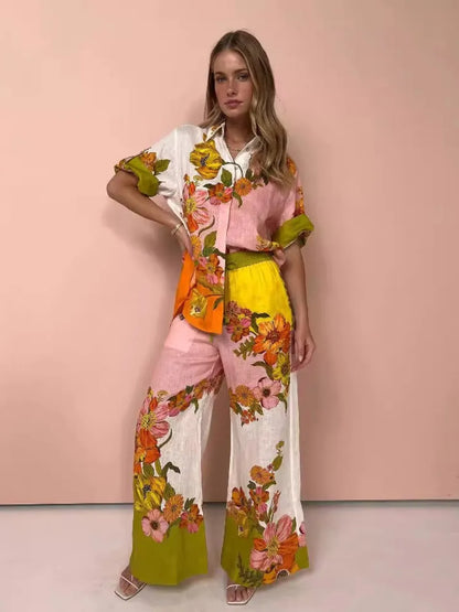 Floral Print 2 Pcs Shirt and High Waist Trousers Set