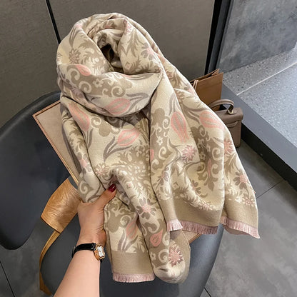 Double-Sided Tulip Flower Print Cashmere Pashmina Scarf