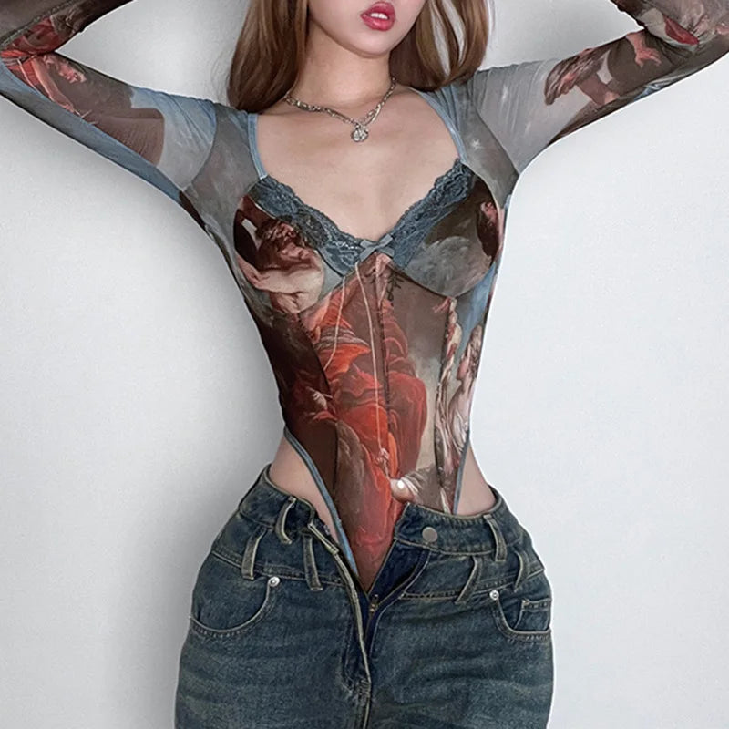 Long Sleeve Sweetheart Neckline Printed Mech Bodysuit