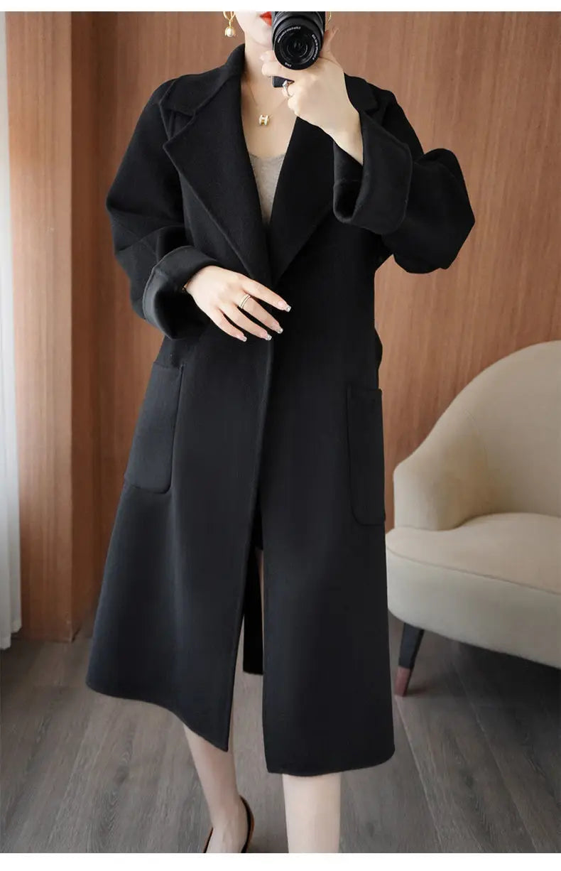 100% Cashmere-Wool Blend Belted Long Overcoat