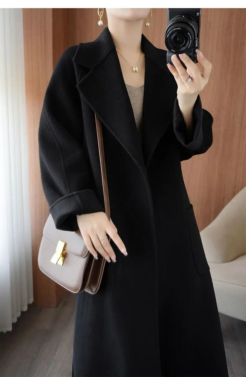 100% Cashmere-Wool Blend Belted Long Overcoat