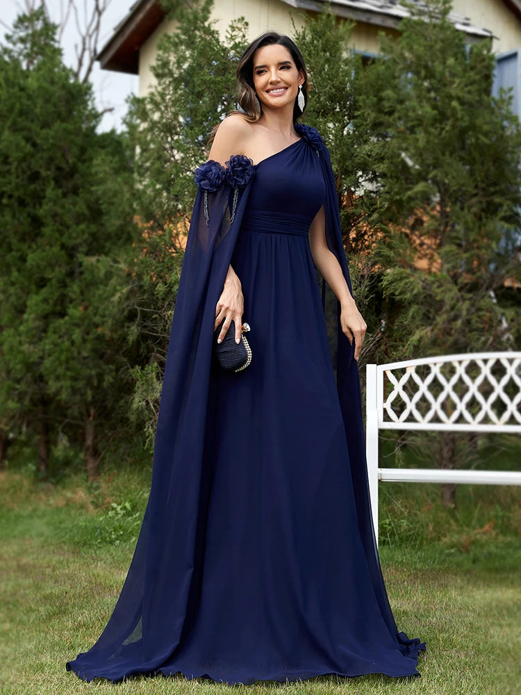 One Shoulder Very Long Sleeve Chiffon Evening Dress – Plus Size Dress with Flower Details