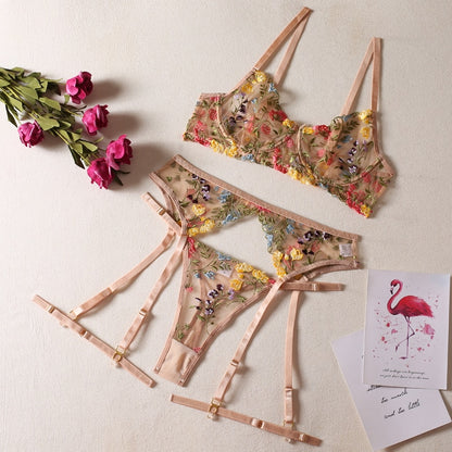 Floral Embroidery Lace 3-Piece Lingerie Set