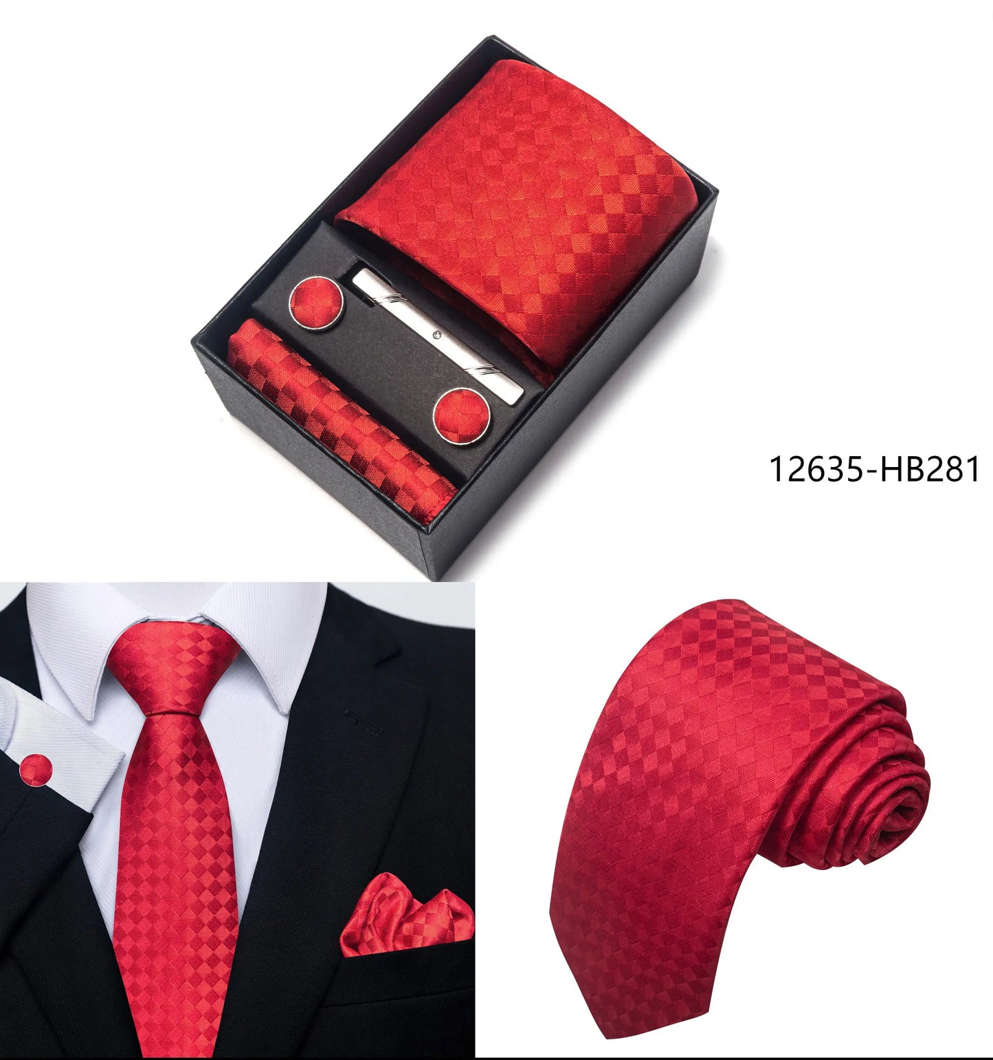 Solid Color 5 Pcs Tie Set Handkerchief, Cufflinks, Tie and Clip