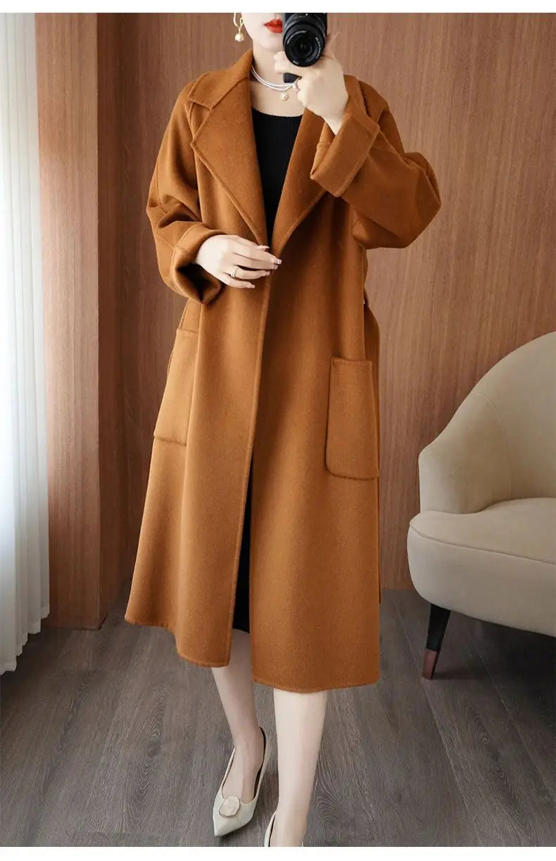 100% Cashmere-Wool Blend Belted Long Overcoat