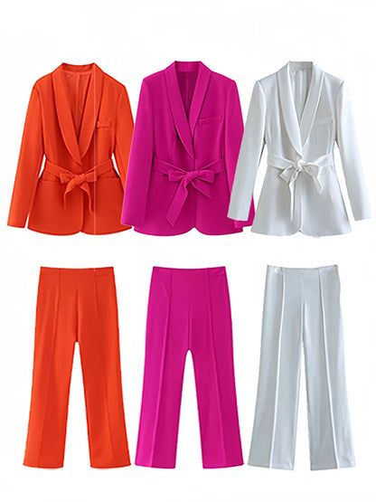 Belted Blazer and High Waist Wide Leg Trousers Suit