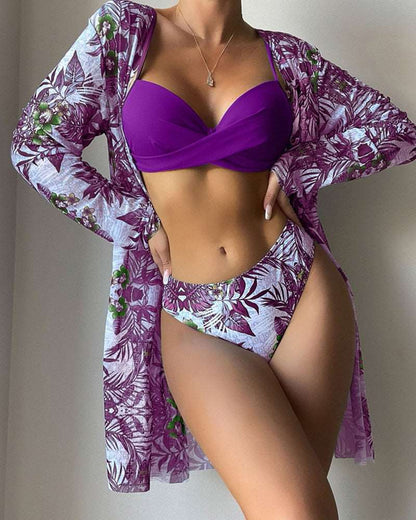 Floral 3 Pieces Low Waist Bikini Set with a Matching Cover-up Kimono