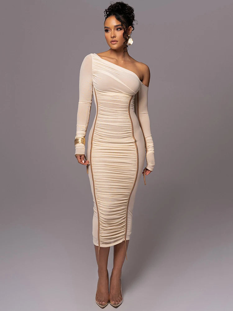 Long Sleeves Two Layer Mesh Midi Bodycon Dress