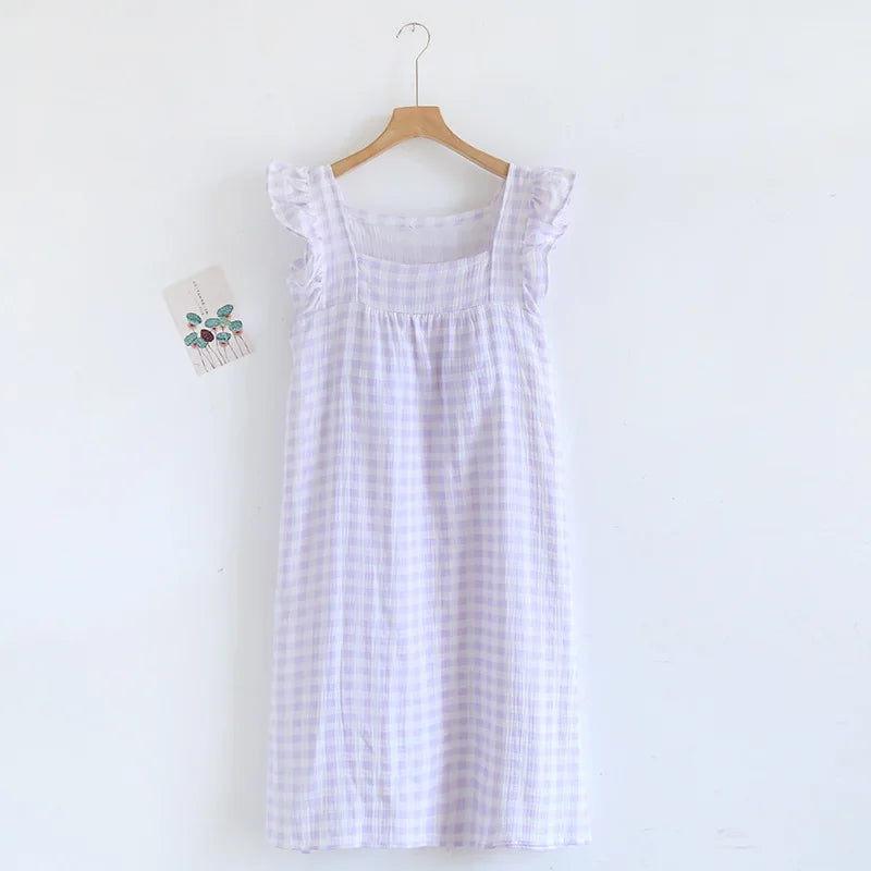 100% Pure Cotton Home Dress Plaid Nightgown with Built-in Bra