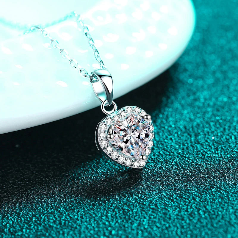 1 Carat Heart Shape Moissanite Pendant 18k White Gold Plated Necklace Valentines Day Gift