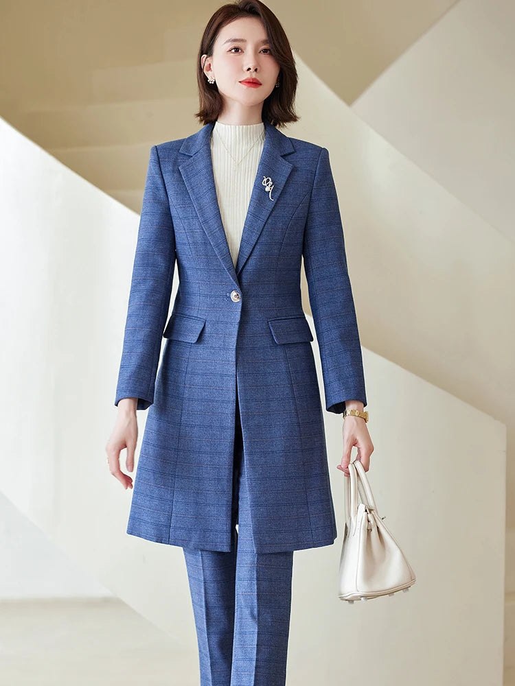 Plaid Long Blazer and Trousers Women's Formal Suit