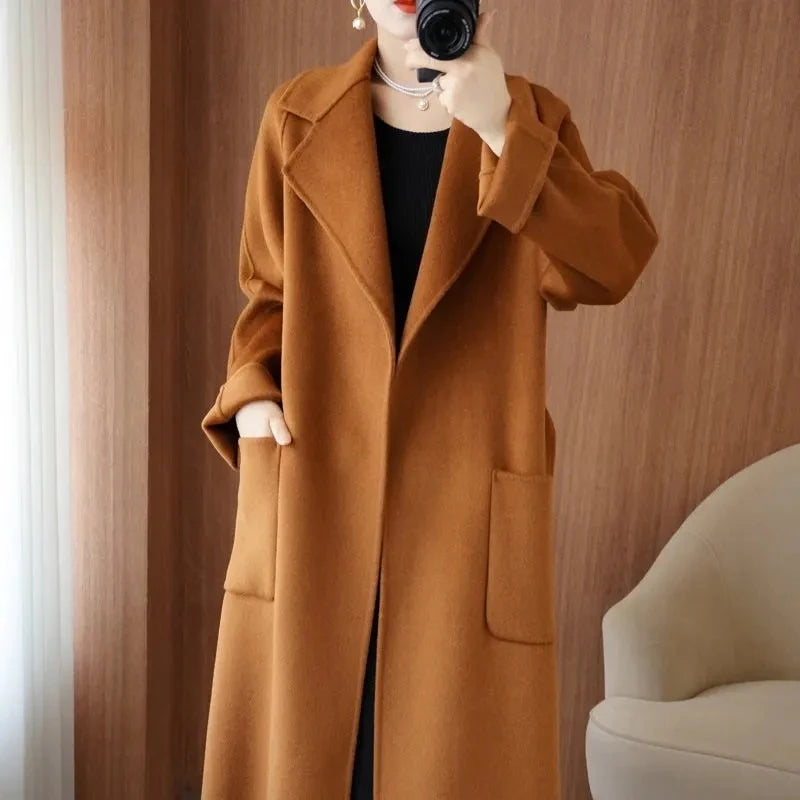 100% Cashmere-Wool Blend Belted Long Overcoat