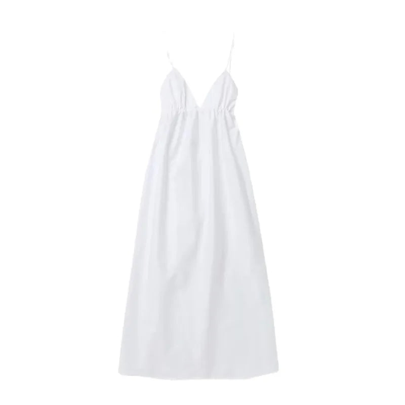 Backless V Neckline Maxi White Dress