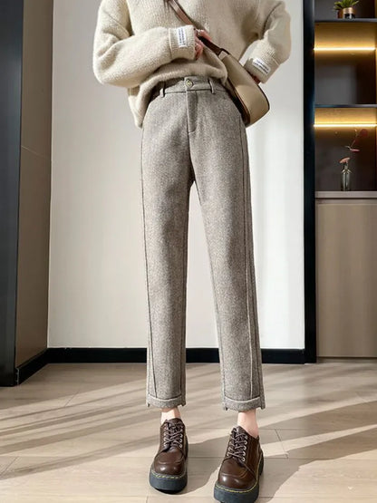 High Waist Tweed Pencil Wool Winter Cuffed Trousers