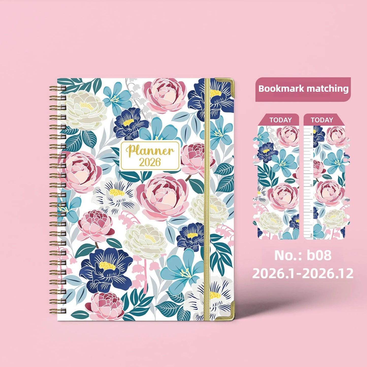 Flowers Design 2026 Weekly / Monthly Planner - A5 Agenda with Matching Bookmark
