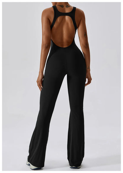 V Neckline Back Cut Out Flare Workout Jumpsuit