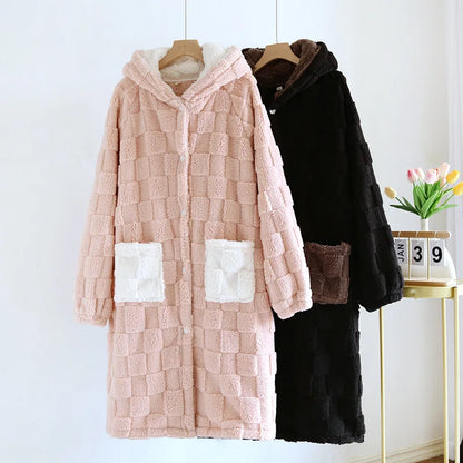 Winter Hoodied Couples Sleeping Robe - Flannel Thicke Home Robe