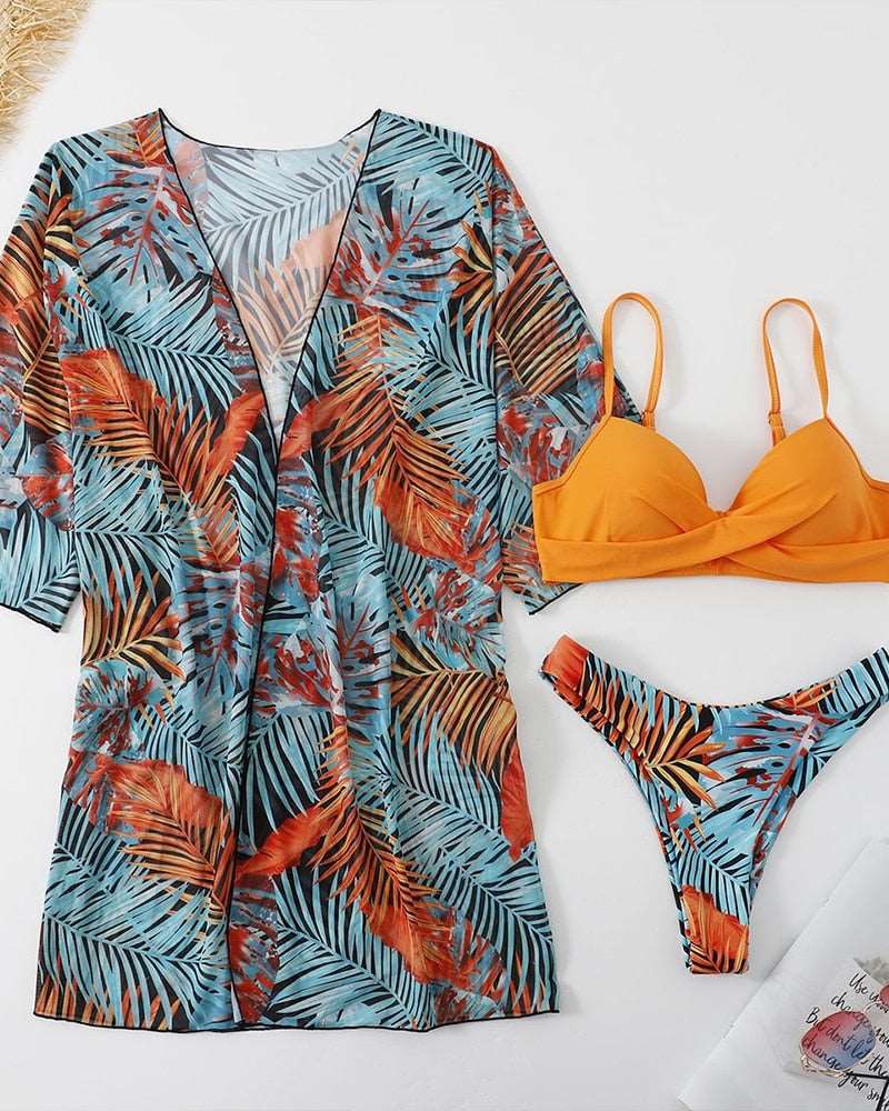 Floral 3 Pieces Low Waist Bikini Set with a Matching Cover-up Kimono