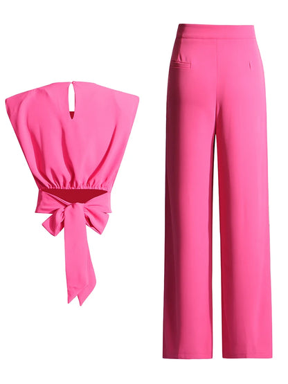 Back Bow Tie Top and Wide Leg Trousers Set