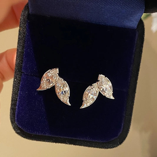 Double Leaf Design Moissanite Stud Earrings - 4 Carat Marquise Cut Earrings