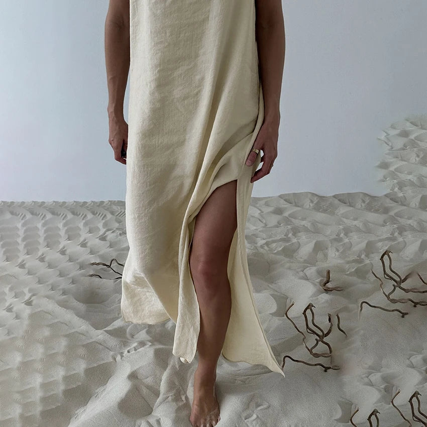 Lined Casual Long Back Deep V Dress