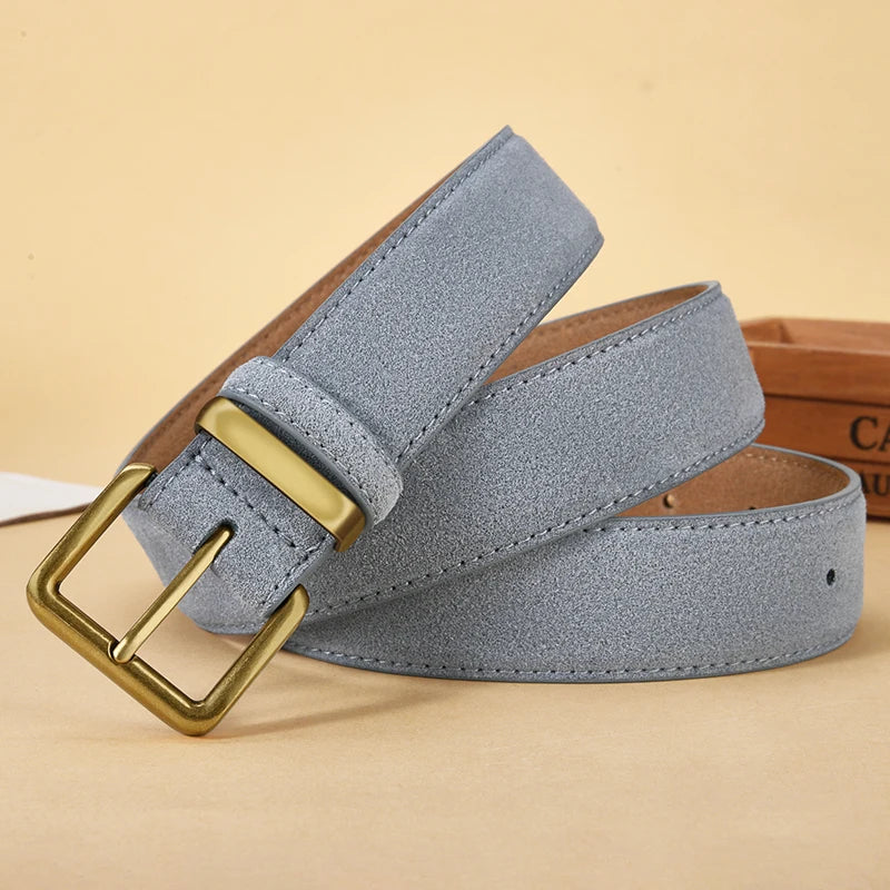 100% Suede Leather Belt for Women & Men with Gold Buckle