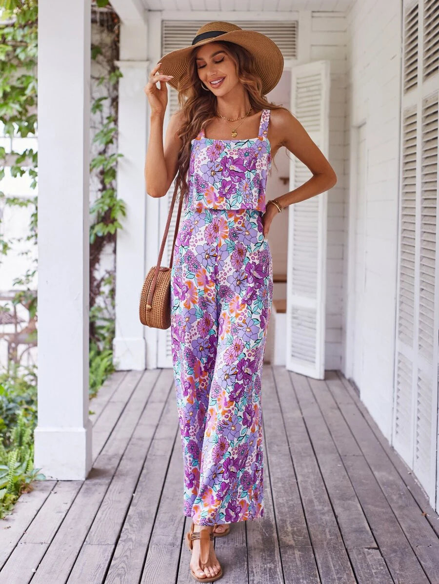 Floral Square Neckline Casual Wide Leg Jumpsuit