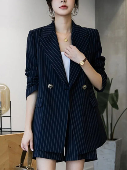 Navy Blue Striped Loose Cut Blazer and Shorts Suit