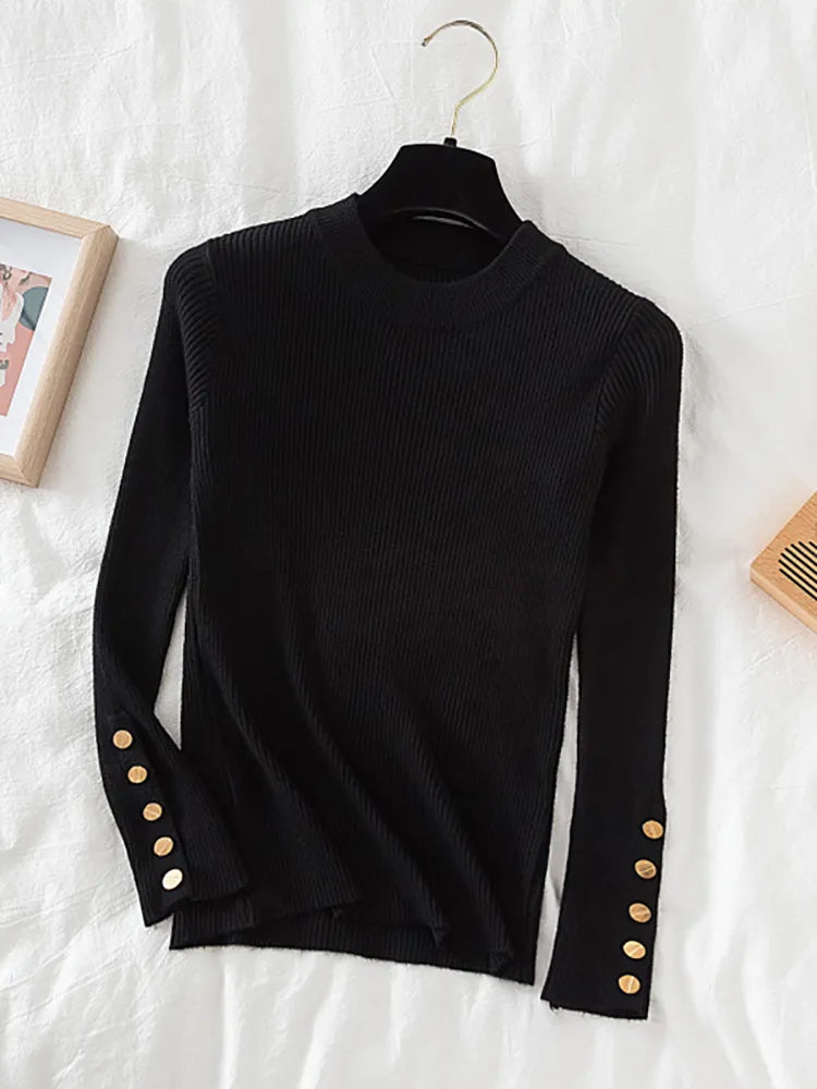 Round Neckline Button Sleeve Sweater