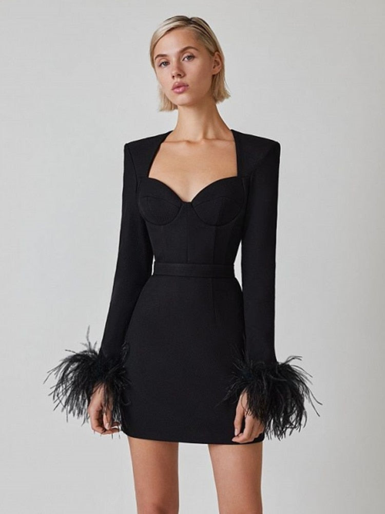 Long Sleeve Feather Bodycon Mini Dress