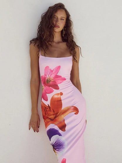 Floral Print Spaghetti Straps Long Bodycon Dress