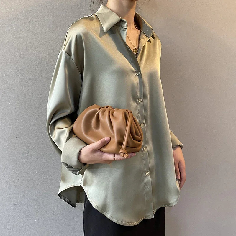 Long Sleeve Button Up Silk Like Blouse Shirt