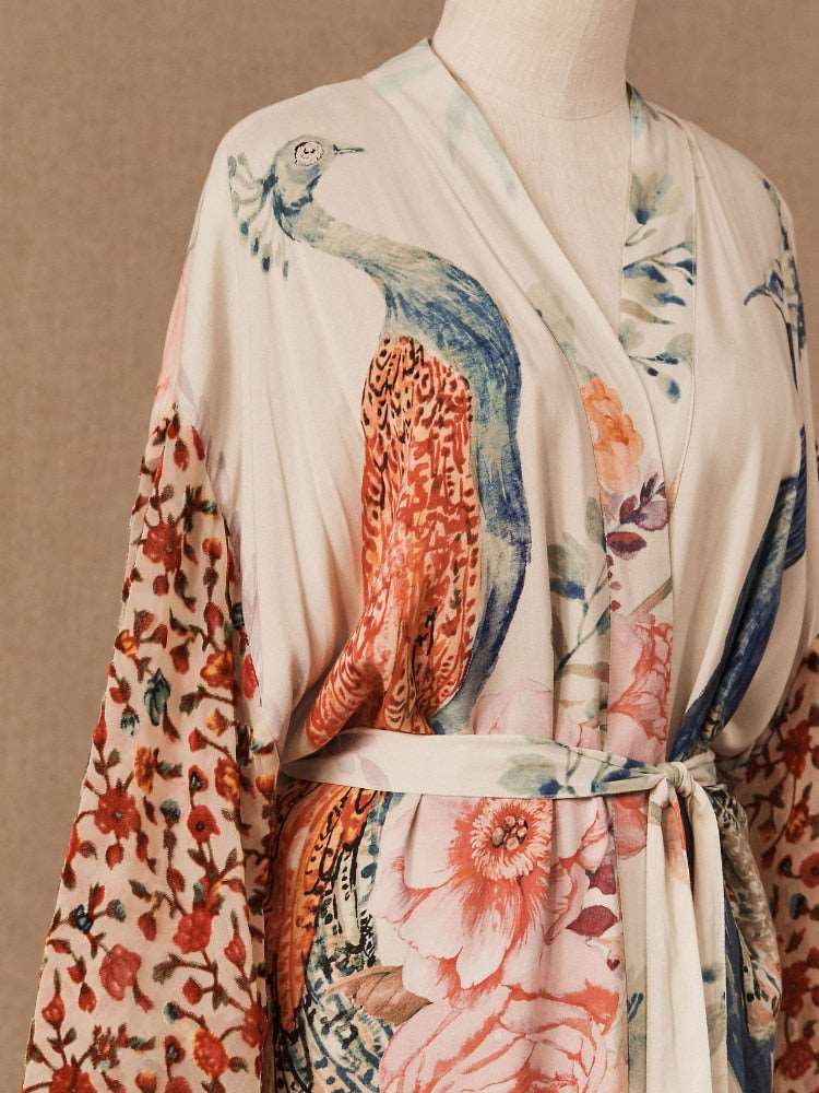 Beach Kimono Peacock Printed Swimsuit Cover Up